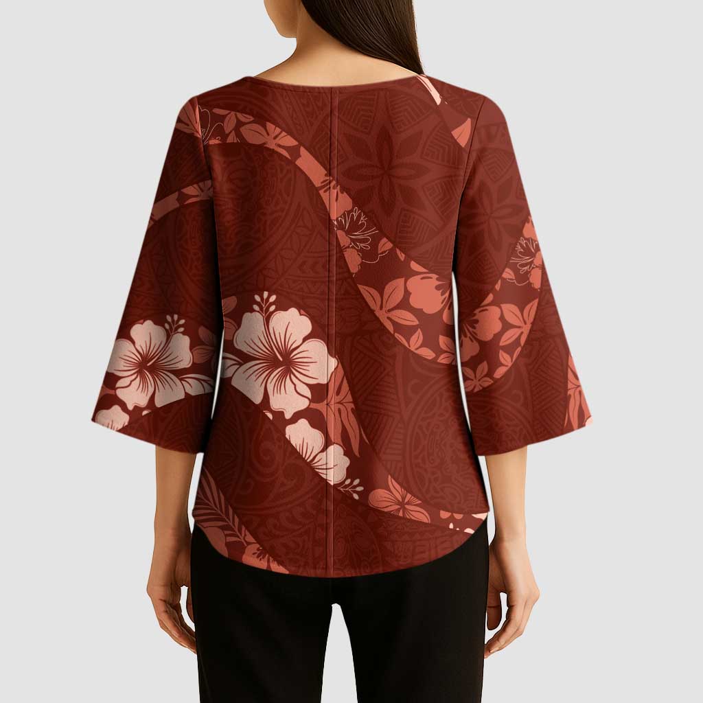 Aloha Hawaii Floral Tapa Kimono Sleeve Blouse Patchwork Crimson - Polynesian Pride