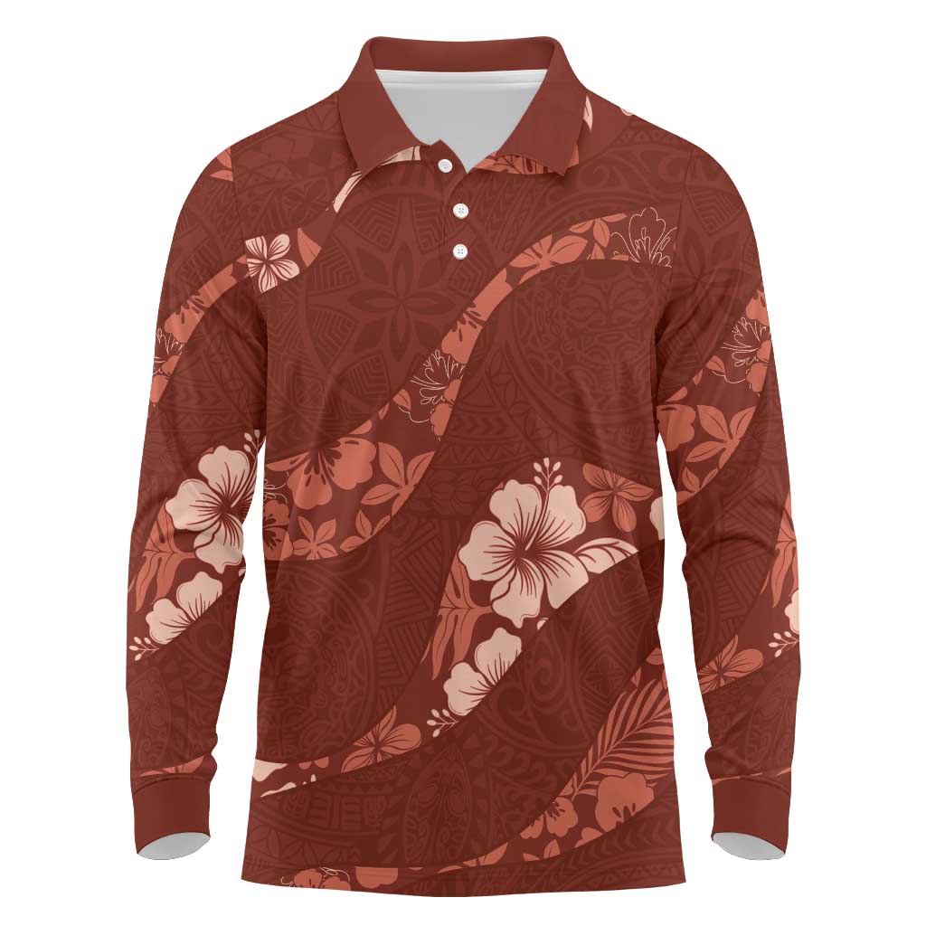 Aloha Hawaii Floral Tapa Long Sleeve Polo Shirt Patchwork Crimson LT7 Crimson - Polynesian Pride