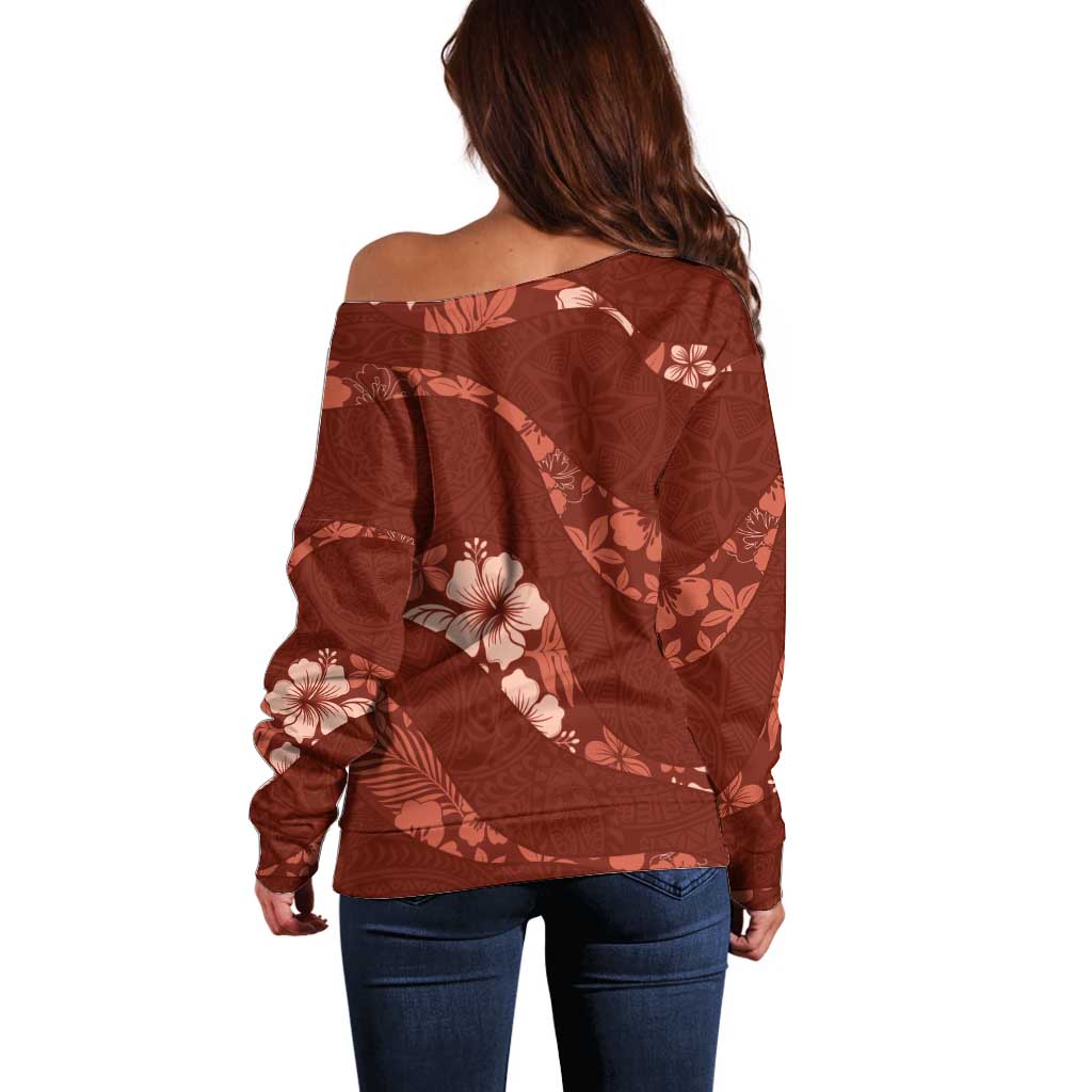 Aloha Hawaii Floral Tapa Off Shoulder Sweater Patchwork Crimson - Polynesian Pride