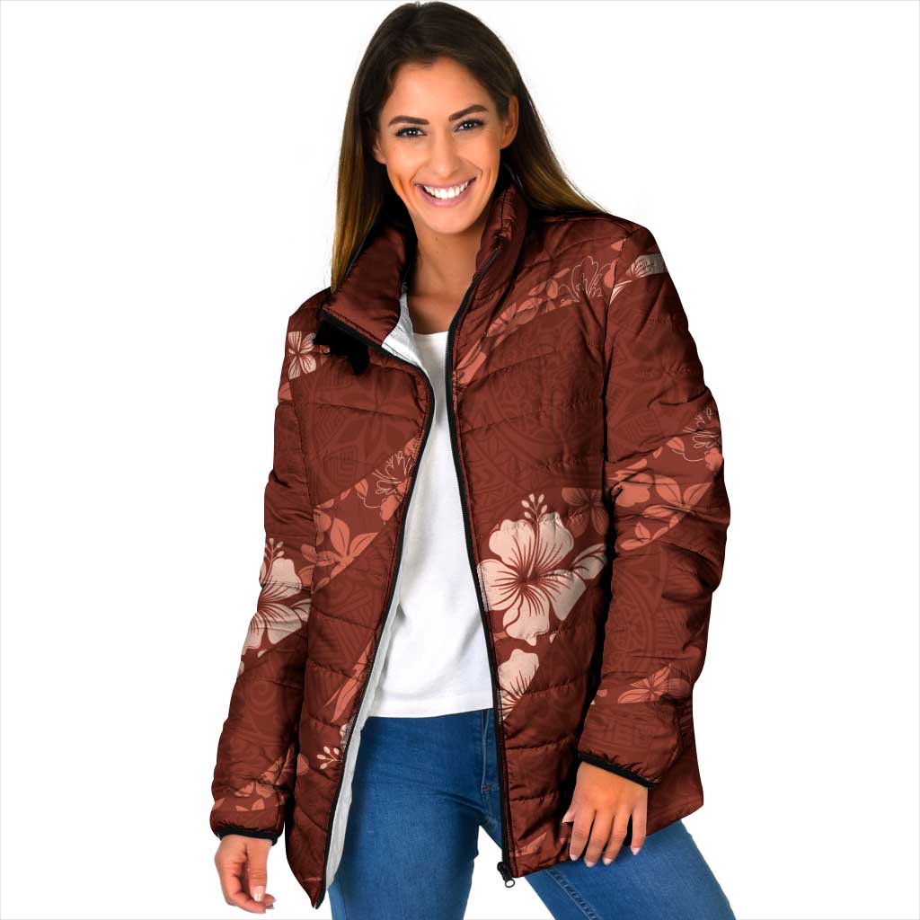 Aloha Hawaii Floral Tapa Padded Jacket Patchwork Crimson LT7 Women Crimson - Polynesian Pride
