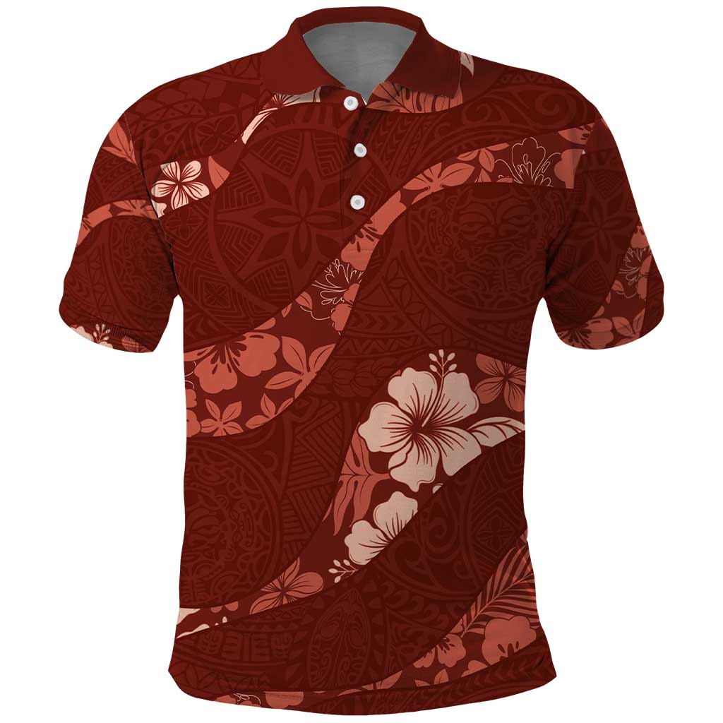Aloha Hawaii Floral Tapa Polo Shirt Patchwork Crimson - Polynesian Pride