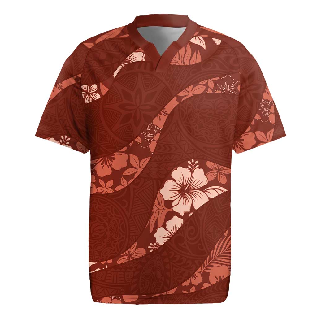 Aloha Hawaii Floral Tapa Rugby Jersey Patchwork Crimson LT7 Crimson - Polynesian Pride