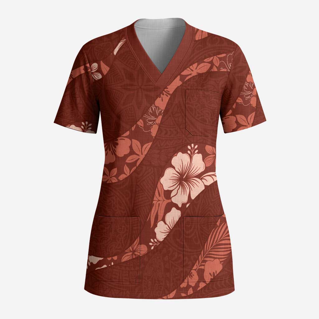 Aloha Hawaii Floral Tapa Scrub Top Patchwork Crimson - Polynesian Pride
