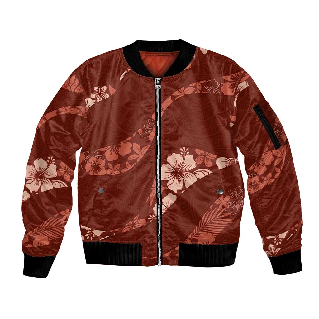Aloha Hawaii Floral Tapa Sleeve Zip Bomber Jacket Patchwork Crimson - Polynesian Pride