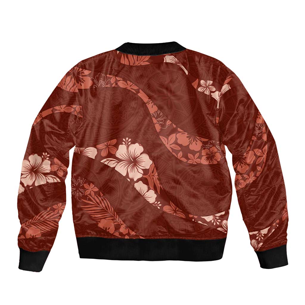Aloha Hawaii Floral Tapa Sleeve Zip Bomber Jacket Patchwork Crimson - Polynesian Pride