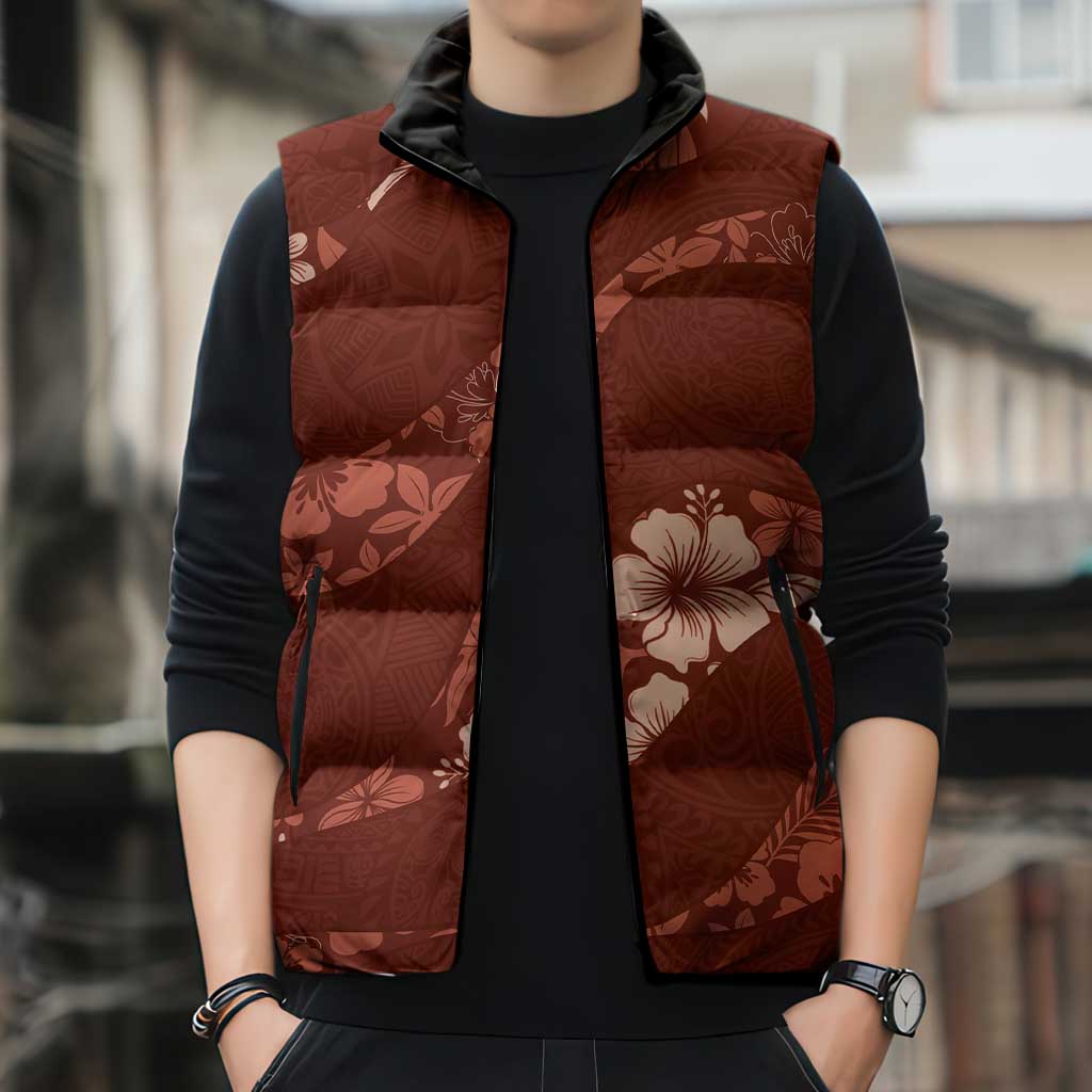 Aloha Hawaii Floral Tapa Sleeveless Puffer Jacket Patchwork Crimson LT7 - Polynesian Pride