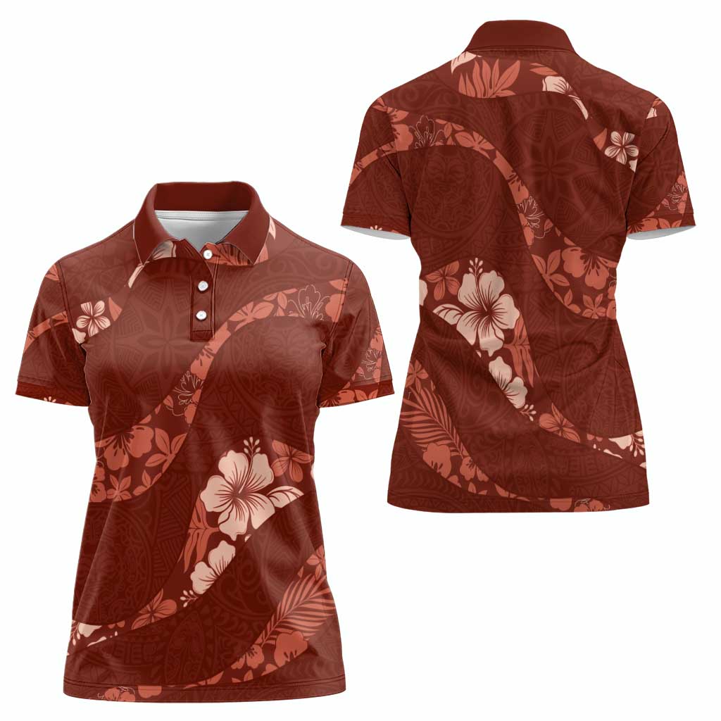 Aloha Hawaii Floral Tapa Women Polo Shirt Patchwork Crimson - Polynesian Pride