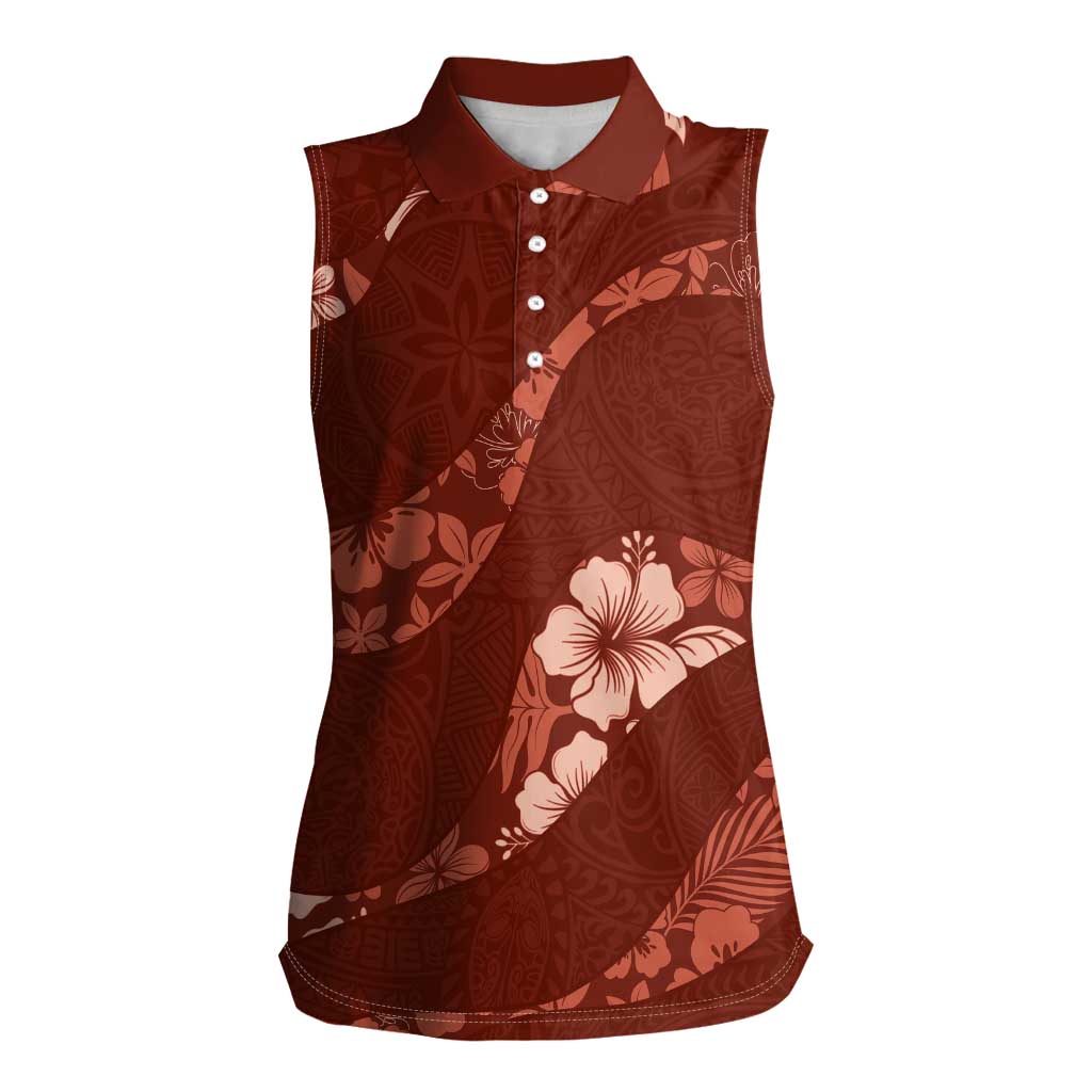 Aloha Hawaii Floral Tapa Women Sleeveless Polo Shirt Patchwork Crimson LT7 Female Crimson - Polynesian Pride