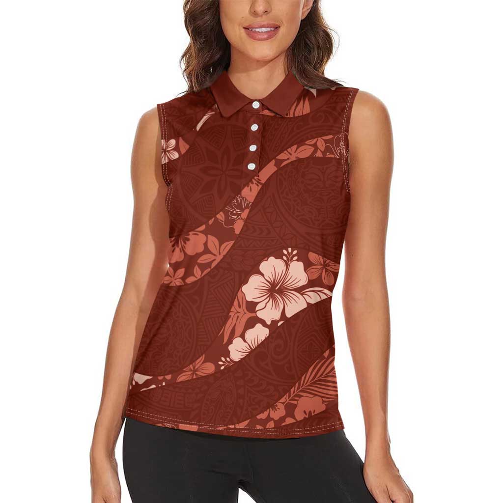 Aloha Hawaii Floral Tapa Women Sleeveless Polo Shirt Patchwork Crimson LT7 - Polynesian Pride
