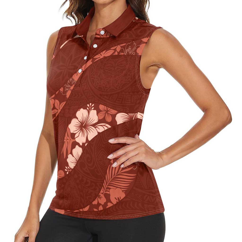 Aloha Hawaii Floral Tapa Women Sleeveless Polo Shirt Patchwork Crimson LT7 - Polynesian Pride