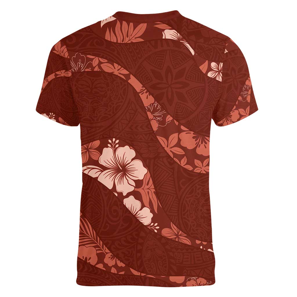 Aloha Hawaii Floral Tapa Women V-Neck T-Shirt Patchwork Crimson - Polynesian Pride