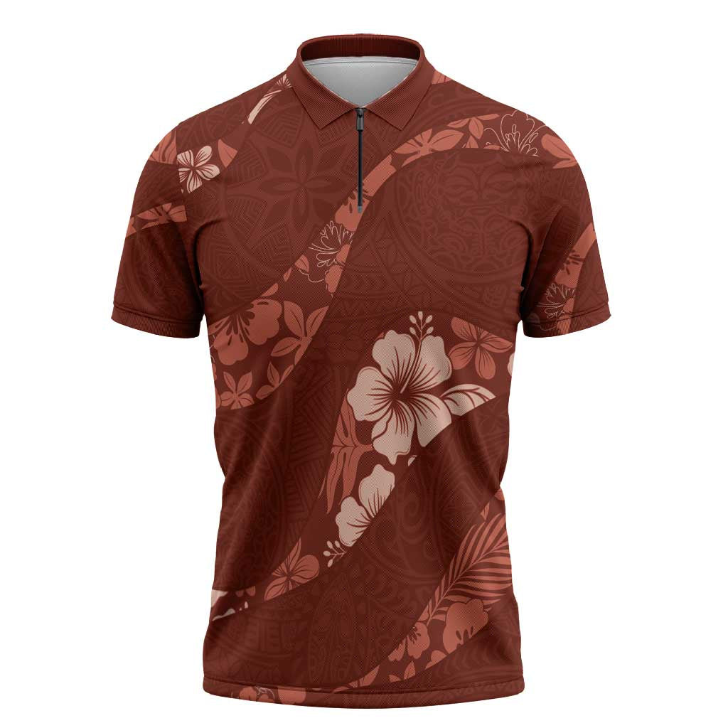 Aloha Hawaii Floral Tapa Zipper Polo Shirt Patchwork Crimson LT7 Crimson - Polynesian Pride