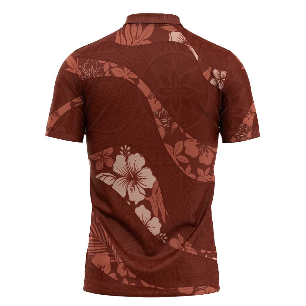 Aloha Hawaii Floral Tapa Zipper Polo Shirt Patchwork Crimson LT7 - Polynesian Pride