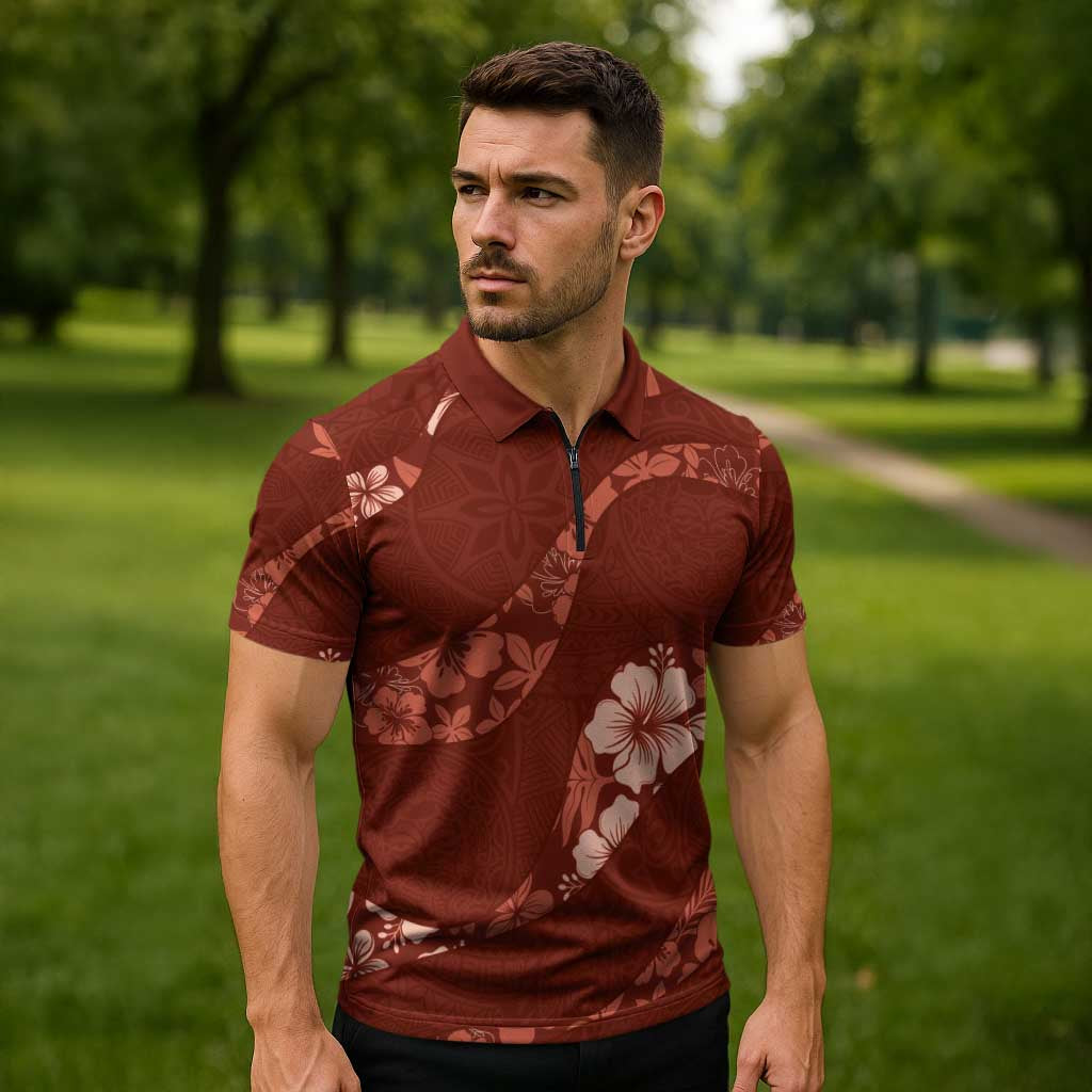 Aloha Hawaii Floral Tapa Zipper Polo Shirt Patchwork Crimson LT7 - Polynesian Pride