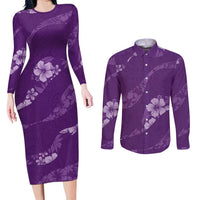Aloha Hawaii Floral Tapa Couples Matching Long Sleeve Bodycon Dress and Long Sleeve Button Shirt Patchwork Violet - Polynesian Pride