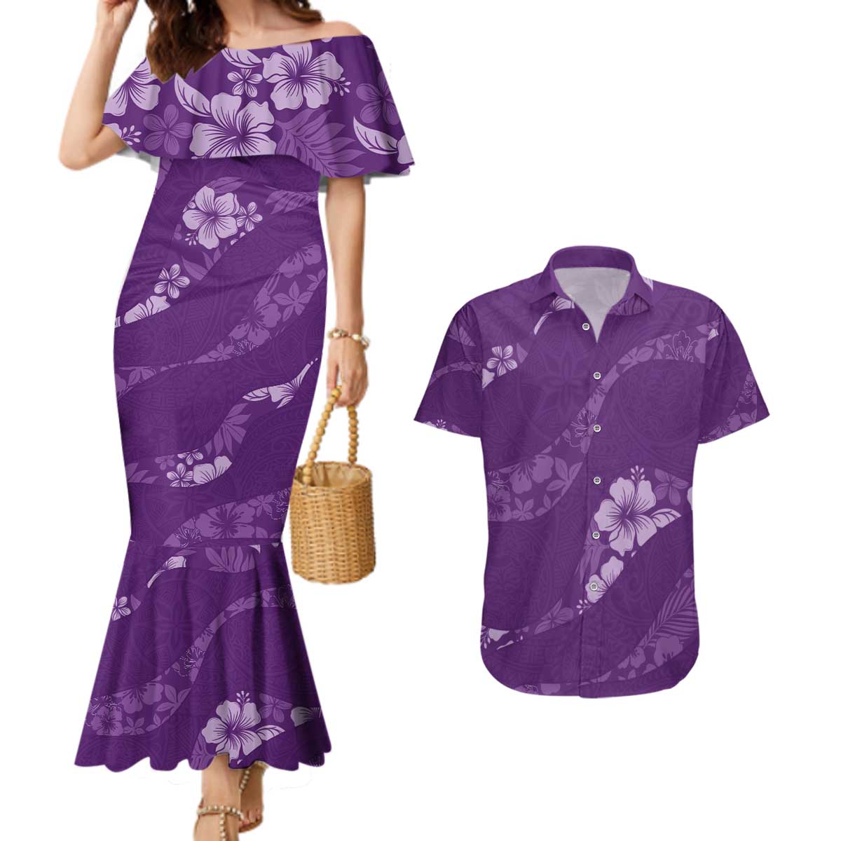 Aloha Hawaii Floral Tapa Couples Matching Mermaid Dress and Hawaiian Shirt Patchwork Violet - Polynesian Pride