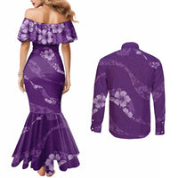 Aloha Hawaii Floral Tapa Couples Matching Mermaid Dress and Long Sleeve Button Shirt Patchwork Violet - Polynesian Pride