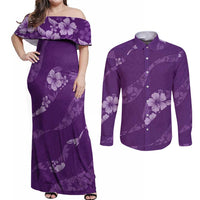 Aloha Hawaii Floral Tapa Couples Matching Off Shoulder Maxi Dress and Long Sleeve Button Shirt Patchwork Violet - Polynesian Pride