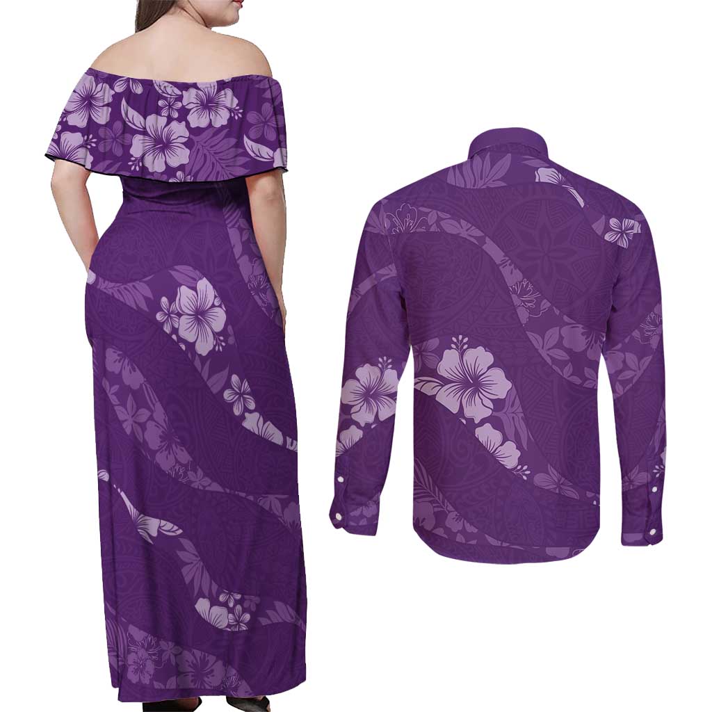 Aloha Hawaii Floral Tapa Couples Matching Off Shoulder Maxi Dress and Long Sleeve Button Shirt Patchwork Violet - Polynesian Pride