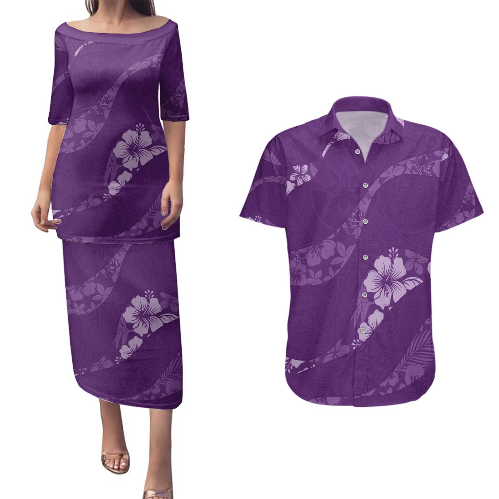 Aloha Hawaii Floral Tapa Couples Matching Puletasi and Hawaiian Shirt Patchwork Violet LT7 Violet - Polynesian Pride