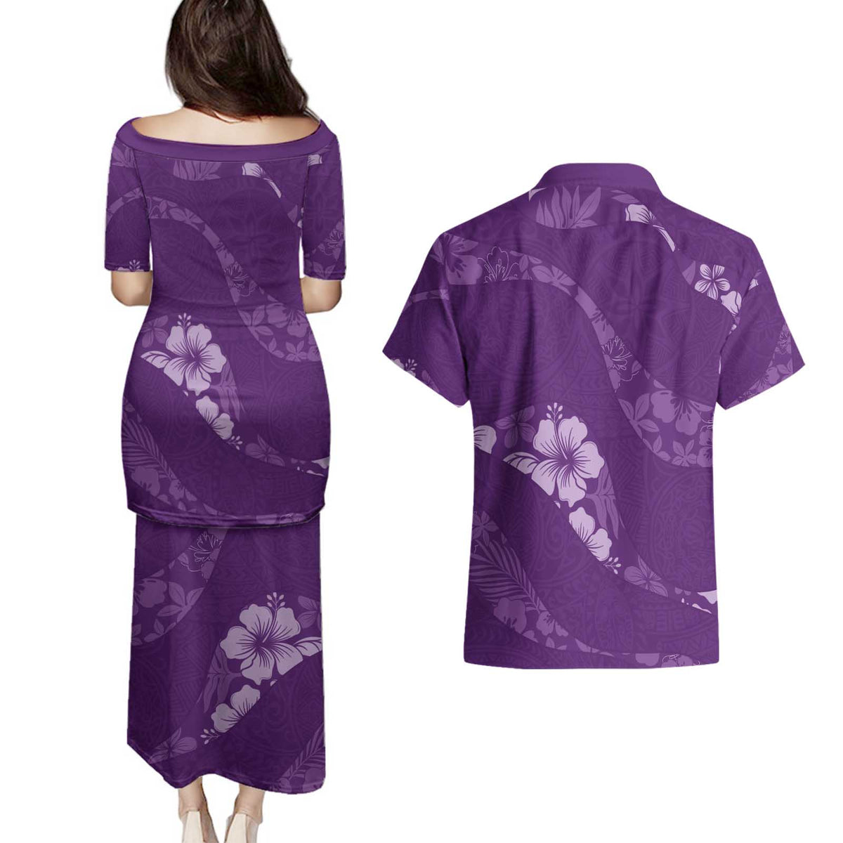 Aloha Hawaii Floral Tapa Couples Matching Puletasi and Hawaiian Shirt Patchwork Violet LT7 - Polynesian Pride