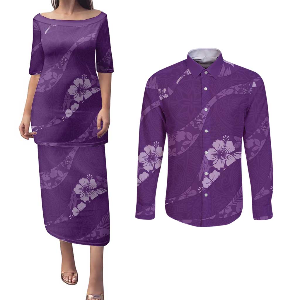Aloha Hawaii Floral Tapa Couples Matching Puletasi and Long Sleeve Button Shirt Patchwork Violet LT7 Violet - Polynesian Pride