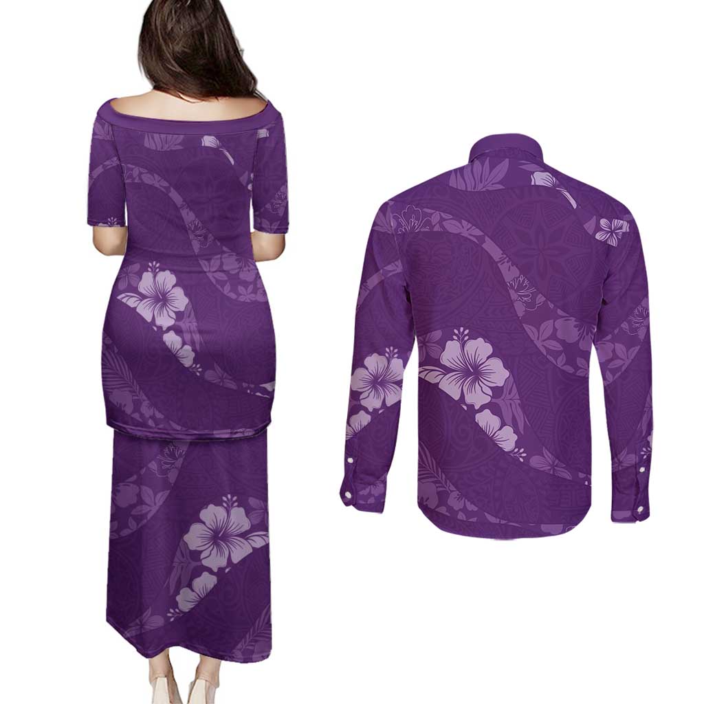Aloha Hawaii Floral Tapa Couples Matching Puletasi and Long Sleeve Button Shirt Patchwork Violet LT7 - Polynesian Pride