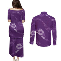 Aloha Hawaii Floral Tapa Couples Matching Puletasi and Long Sleeve Button Shirt Patchwork Violet LT7 - Polynesian Pride