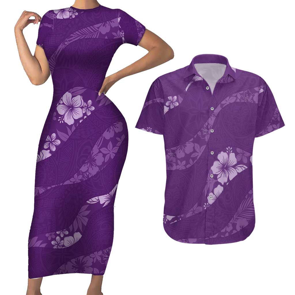 Aloha Hawaii Floral Tapa Couples Matching Short Sleeve Bodycon Dress and Hawaiian Shirt Patchwork Violet - Polynesian Pride