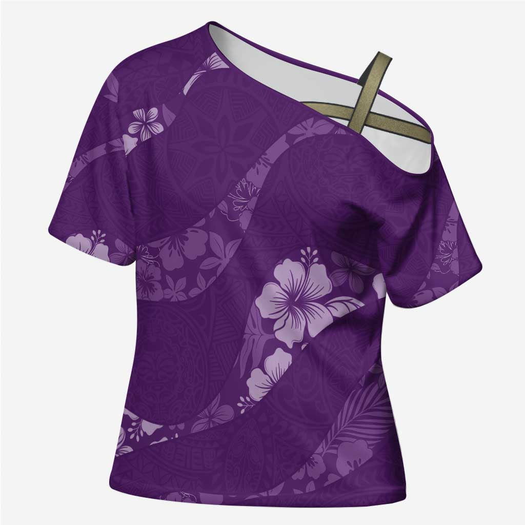 Aloha Hawaii Floral Tapa Cross Shoulder Shirt Patchwork Violet LT7 Female Violet - Polynesian Pride