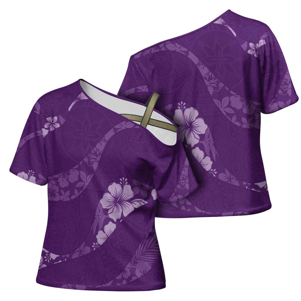 Aloha Hawaii Floral Tapa Cross Shoulder Shirt Patchwork Violet LT7 - Polynesian Pride