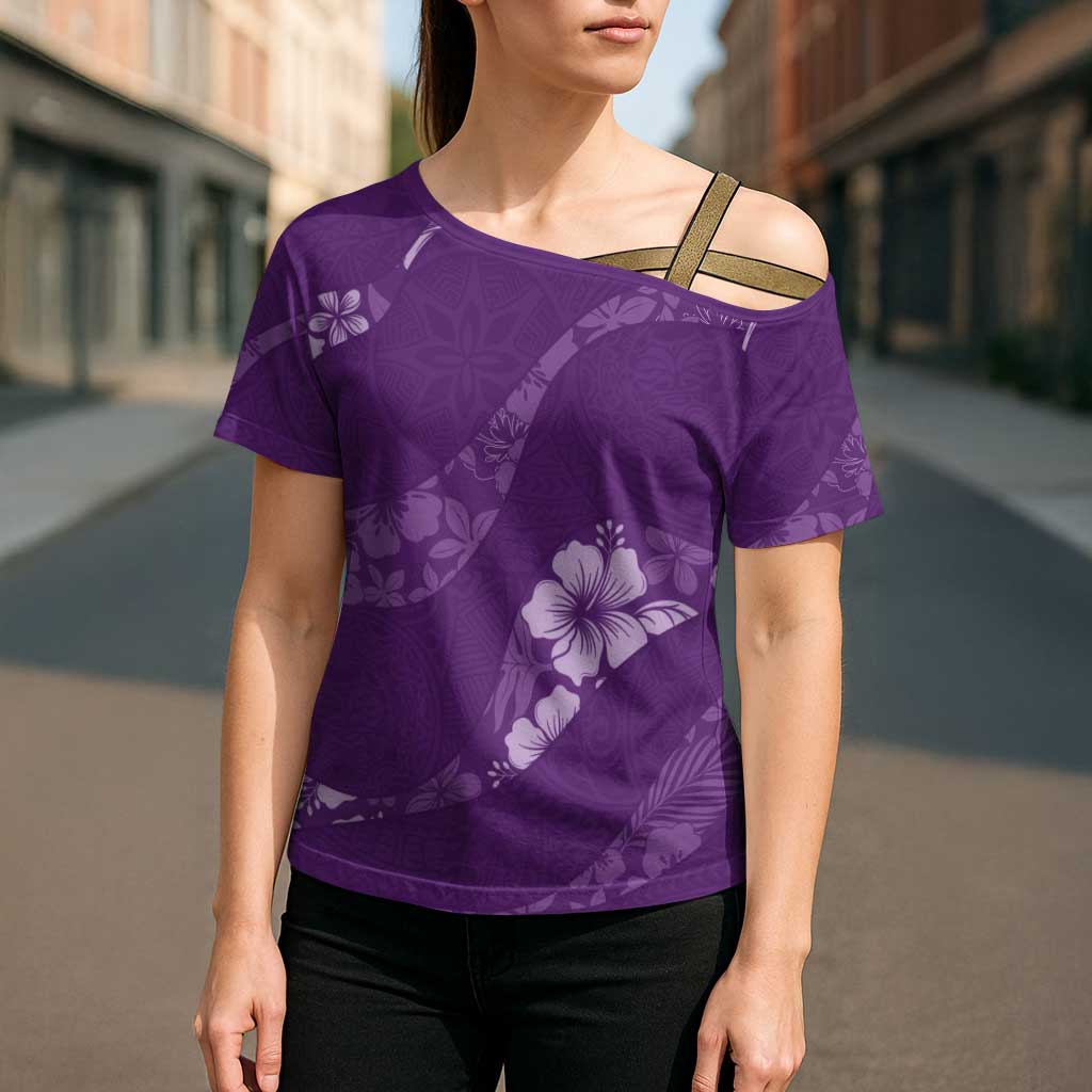 Aloha Hawaii Floral Tapa Cross Shoulder Shirt Patchwork Violet LT7 - Polynesian Pride