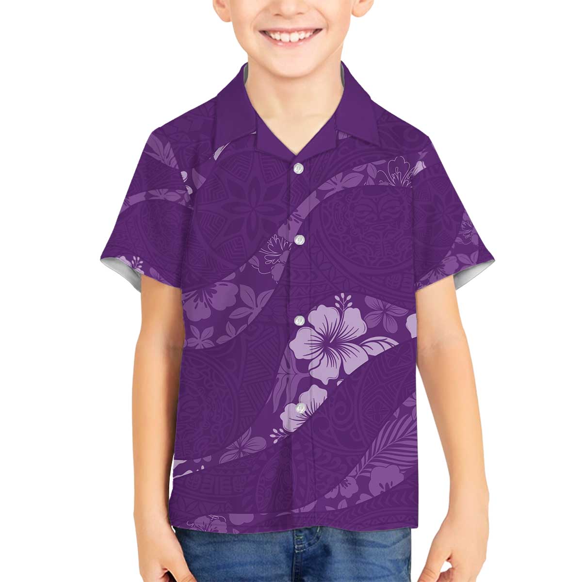 Aloha Hawaii Floral Tapa Family Matching Off The Shoulder Long Sleeve Dress and Hawaiian Shirt Patchwork Violet - Polynesian Pride