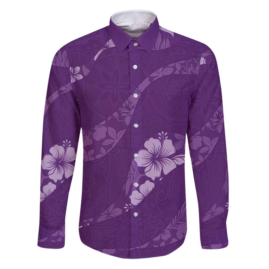 Aloha Hawaii Floral Tapa Family Matching Puletasi and Hawaiian Shirt Patchwork Violet LT7 Dad's Shirt - Long Sleeve Violet - Polynesian Pride