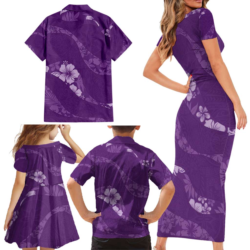 Aloha Hawaii Floral Tapa Family Matching Short Sleeve Bodycon Dress and Hawaiian Shirt Patchwork Violet - Polynesian Pride