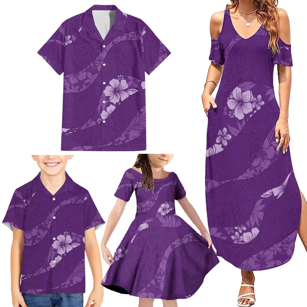 Aloha Hawaii Floral Tapa Family Matching Summer Maxi Dress and Hawaiian Shirt Patchwork Violet - Polynesian Pride