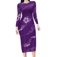Aloha Hawaii Floral Tapa Long Sleeve Bodycon Dress Patchwork Violet - Polynesian Pride