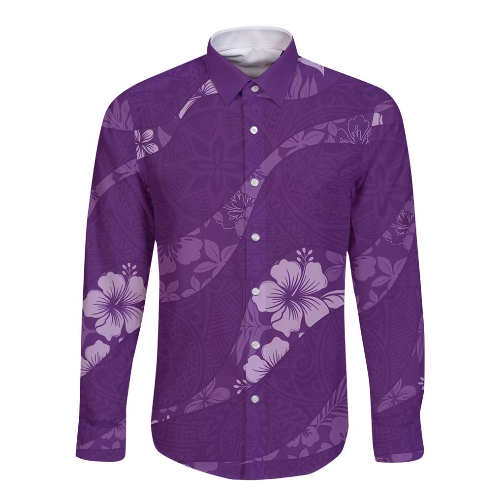 Aloha Hawaii Floral Tapa Long Sleeve Button Shirt Patchwork Violet LT7 Unisex Violet - Polynesian Pride