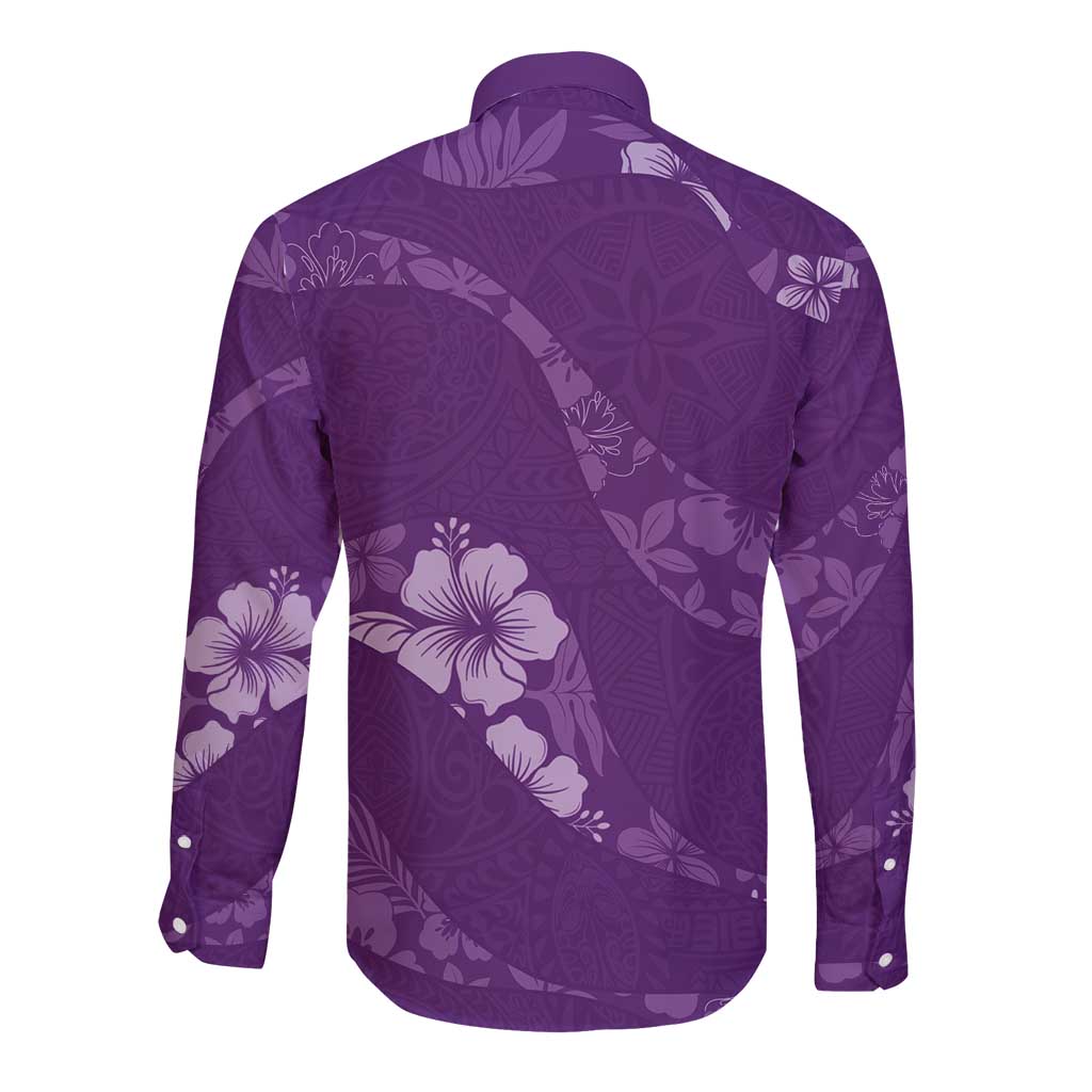 Aloha Hawaii Floral Tapa Long Sleeve Button Shirt Patchwork Violet LT7 - Polynesian Pride