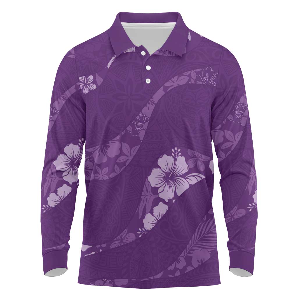 Aloha Hawaii Floral Tapa Long Sleeve Polo Shirt Patchwork Violet LT7 Violet - Polynesian Pride