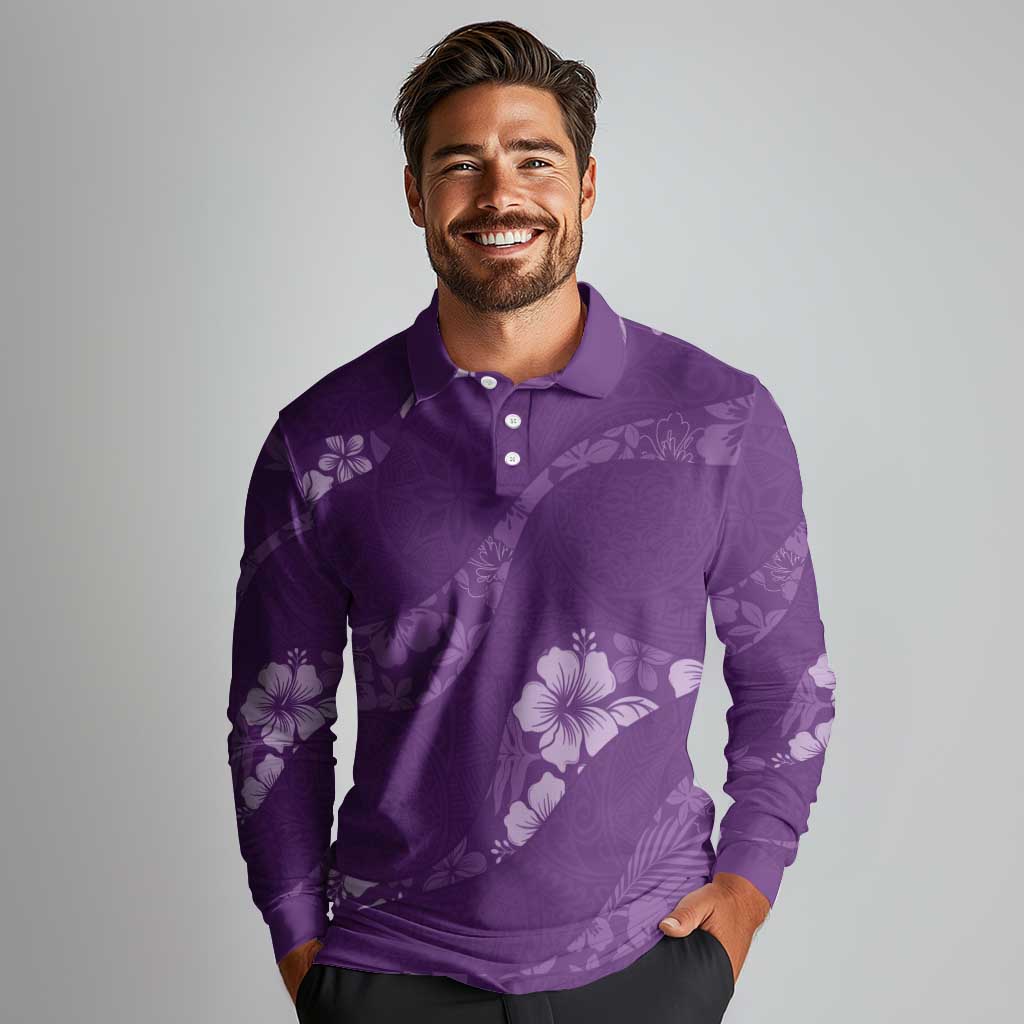 Aloha Hawaii Floral Tapa Long Sleeve Polo Shirt Patchwork Violet LT7 - Polynesian Pride