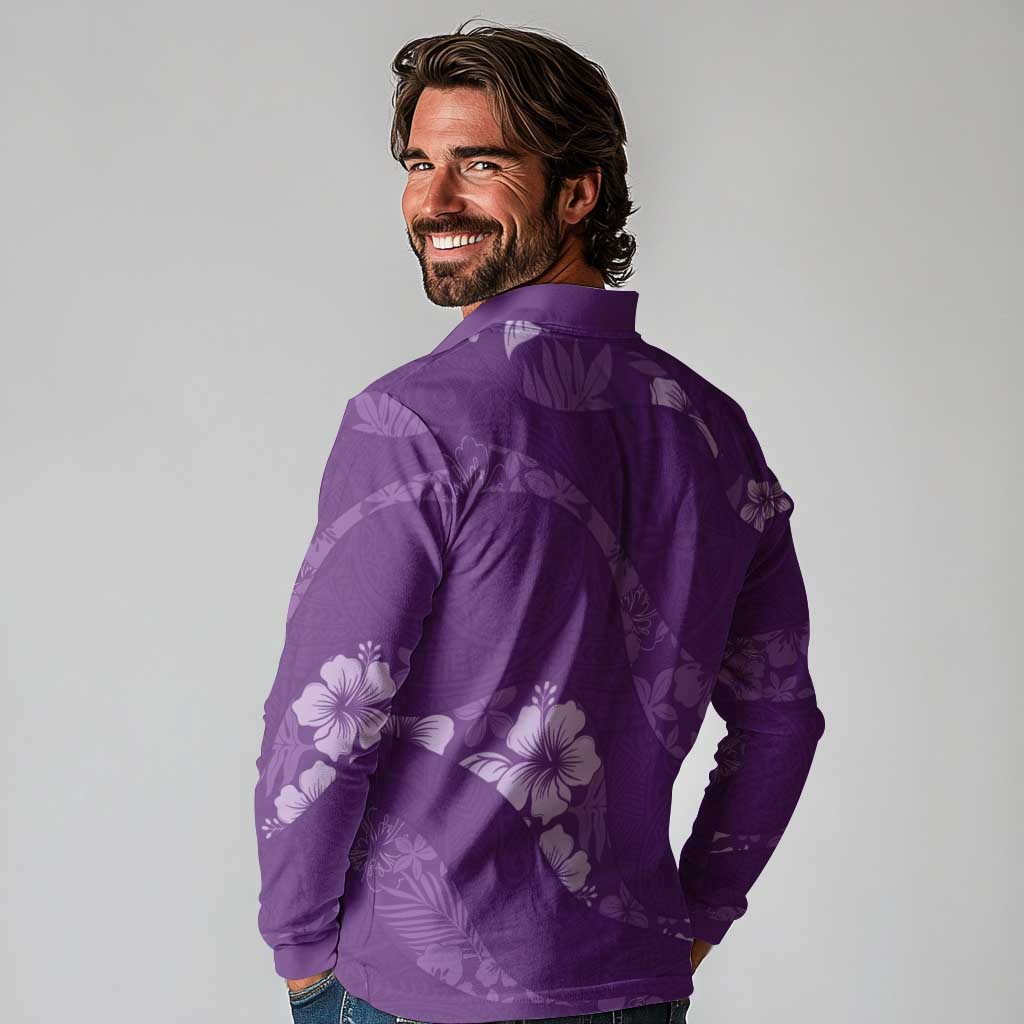 Aloha Hawaii Floral Tapa Long Sleeve Polo Shirt Patchwork Violet LT7 - Polynesian Pride