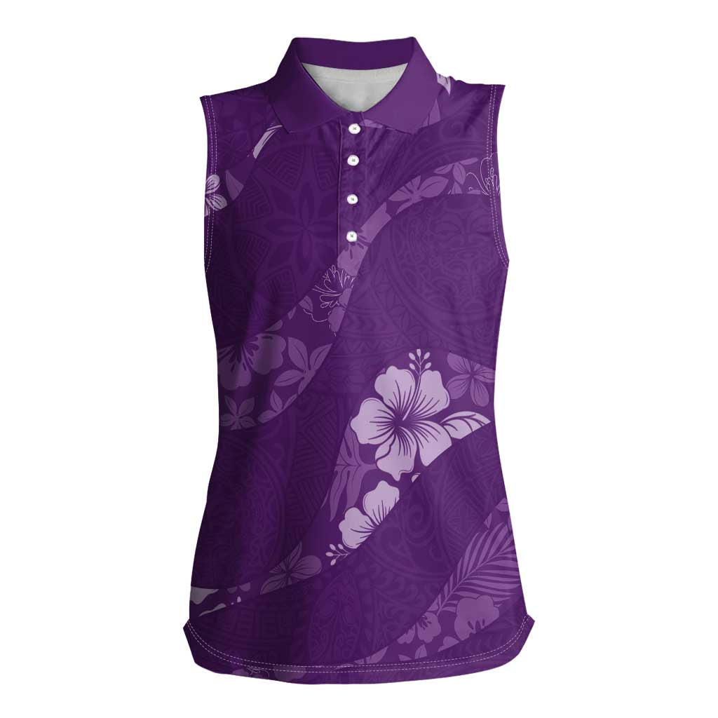 Aloha Hawaii Floral Tapa Women Sleeveless Polo Shirt Patchwork Violet LT7 Female Violet - Polynesian Pride