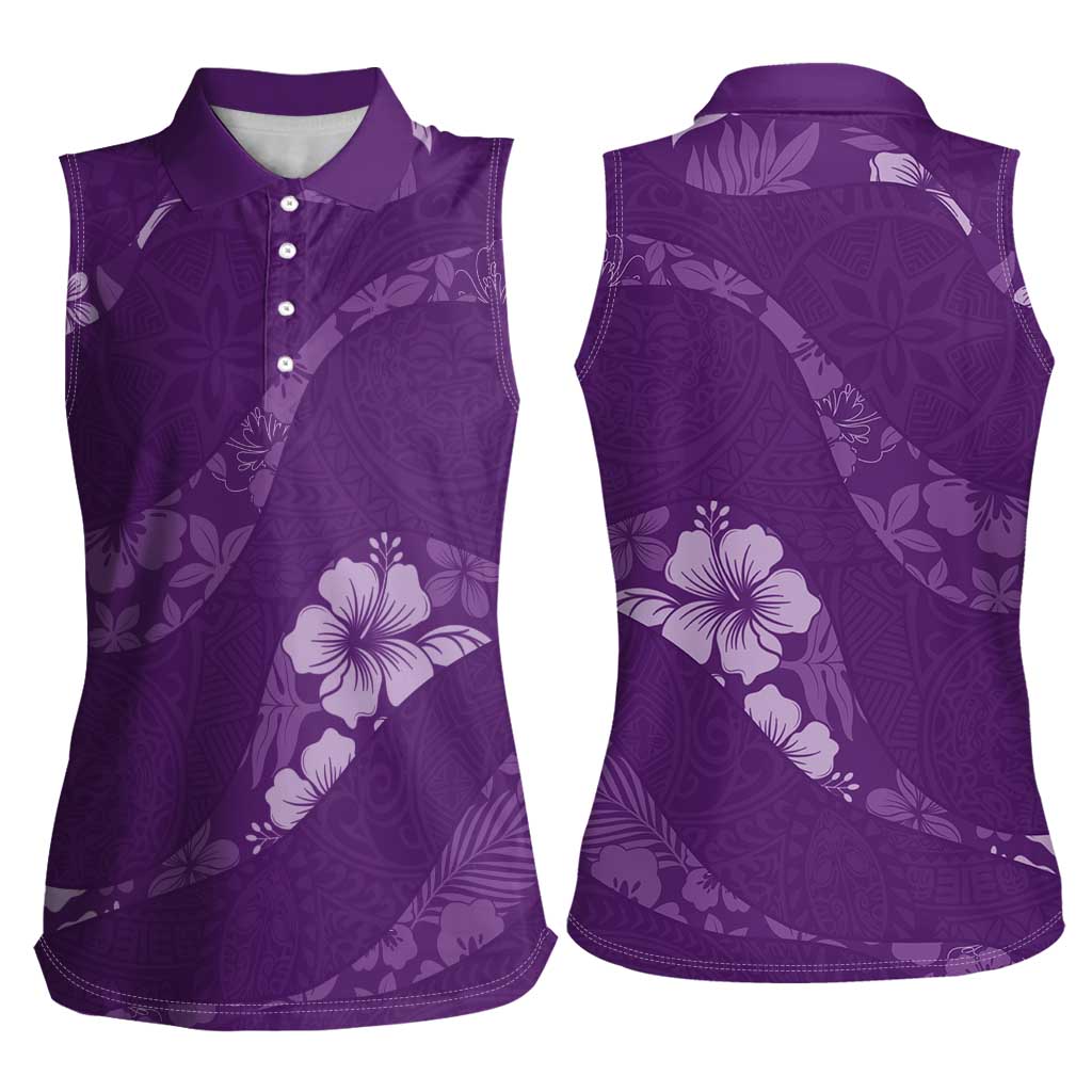 Aloha Hawaii Floral Tapa Women Sleeveless Polo Shirt Patchwork Violet LT7 - Polynesian Pride