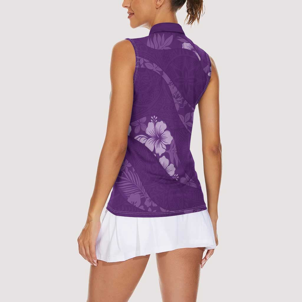 Aloha Hawaii Floral Tapa Women Sleeveless Polo Shirt Patchwork Violet LT7 - Polynesian Pride