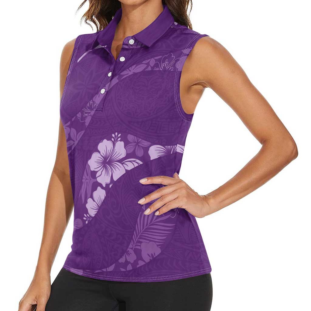 Aloha Hawaii Floral Tapa Women Sleeveless Polo Shirt Patchwork Violet LT7 - Polynesian Pride