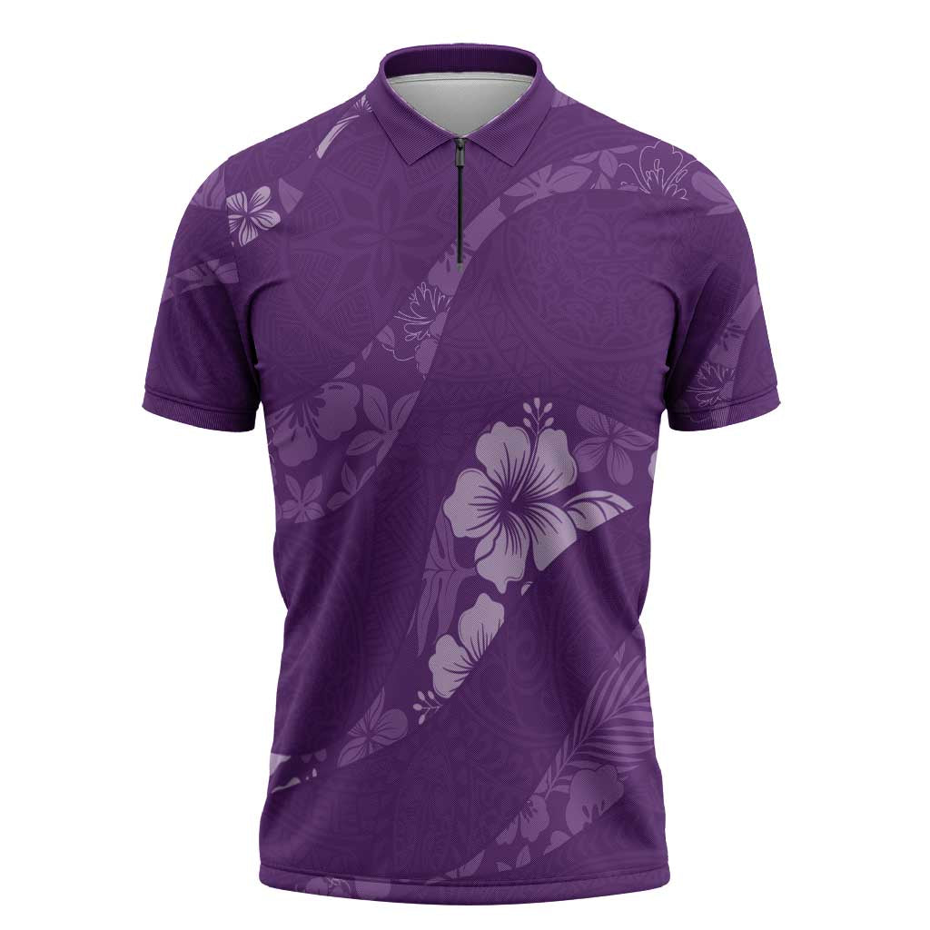 Aloha Hawaii Floral Tapa Zipper Polo Shirt Patchwork Violet LT7 Violet - Polynesian Pride