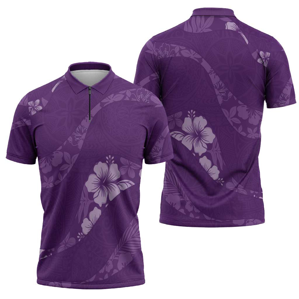 Aloha Hawaii Floral Tapa Zipper Polo Shirt Patchwork Violet LT7 - Polynesian Pride