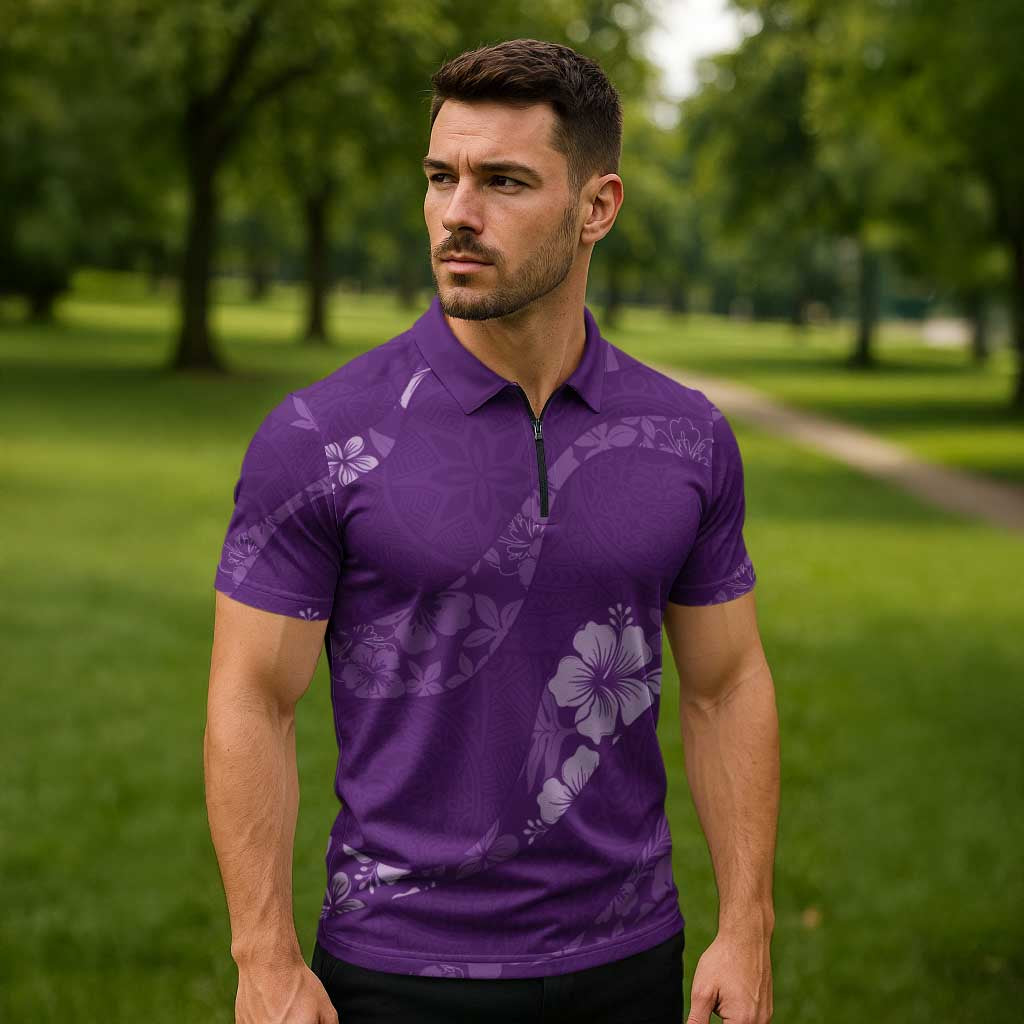 Aloha Hawaii Floral Tapa Zipper Polo Shirt Patchwork Violet LT7 - Polynesian Pride