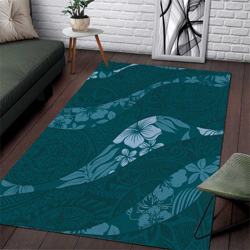 Aloha Hawaii Floral Tapa Area Rug Patchwork Teal - Polynesian Pride